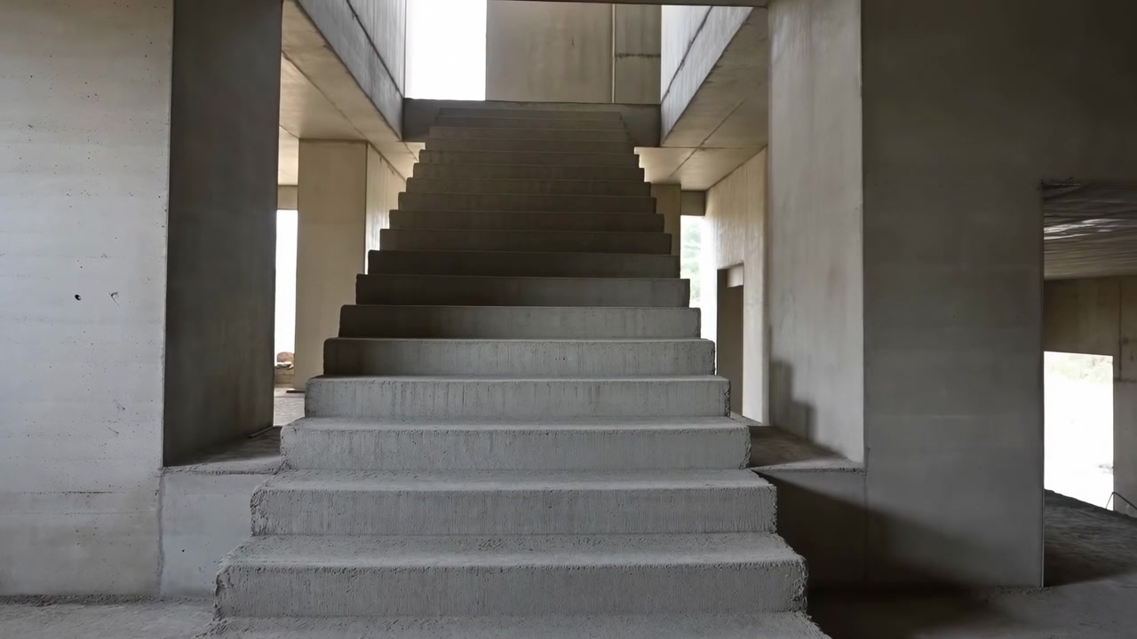 A vista se alarga gradualmente a partir de degraus cinzentos largos sob vigas de concreto expostas, trazendo mais teto e abertura do telhado para o enquadramento, enquanto a luz do dia delineia formas geométricas rígidas.