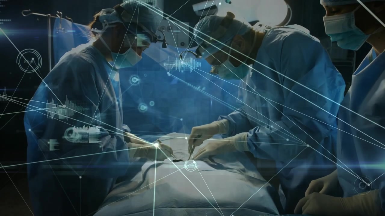 Animation of network of connections over caucasian surgeons in operating theatre