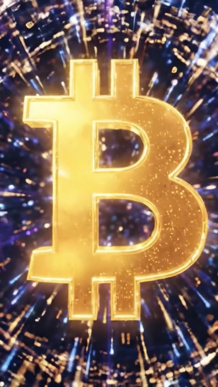 Un'accattivante vetrina del simbolo della valuta digitale: il Bitcoin dorato circondato da un'esplosione dinamica di luce ed energia che rappresenta l'innovazione blockchain e il futuro finanziario.