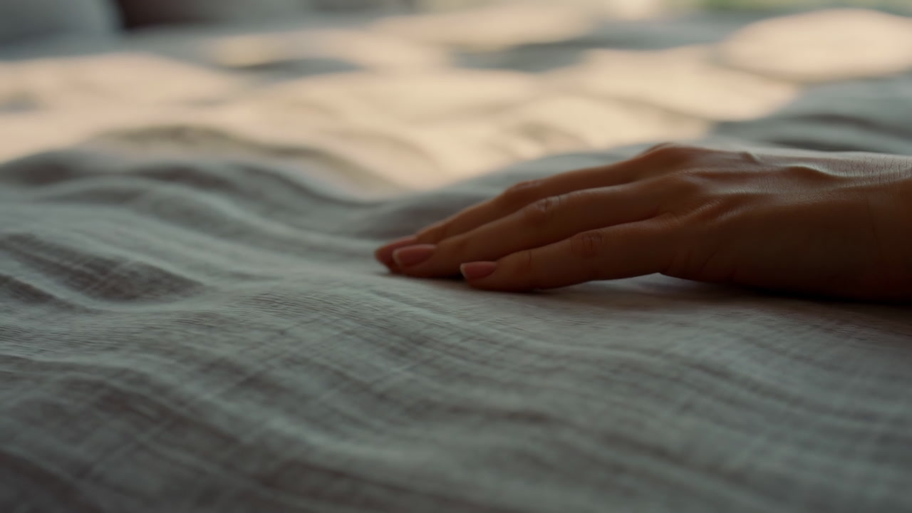 Hand Resting On Bed Linen Morning Sunlight Soft Fingertip Tracing Striped Fabric Closeup Calm Mood Intimate