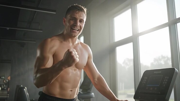 Muscular Man Finishing Workout on Treadmill in Gym