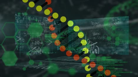 animación de adn sobre fondo verde con datos diversos