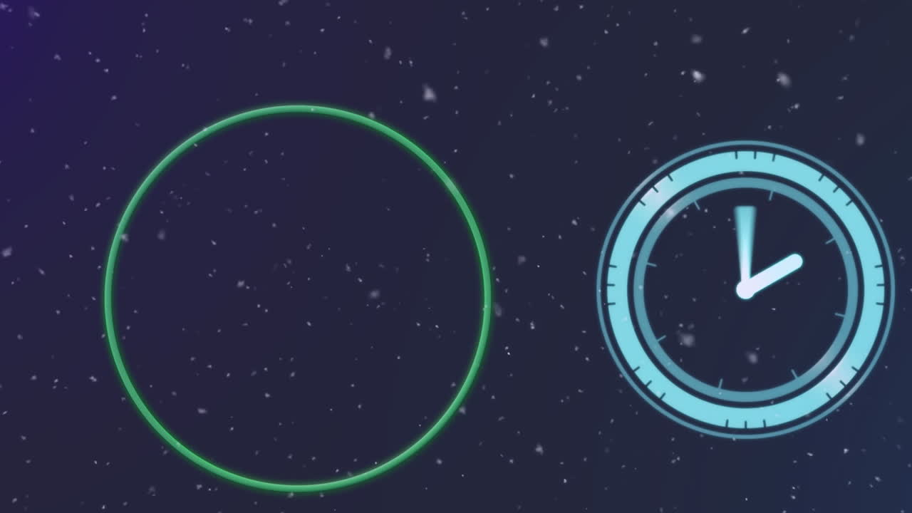 Animation of confetti falling over clock and scope on black background