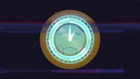 Digital-animation-of-neon-digital-clock-ticking-over-sick-face-emoji-against-black-background