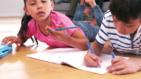 cute siblings drawing on a notebook in the living room