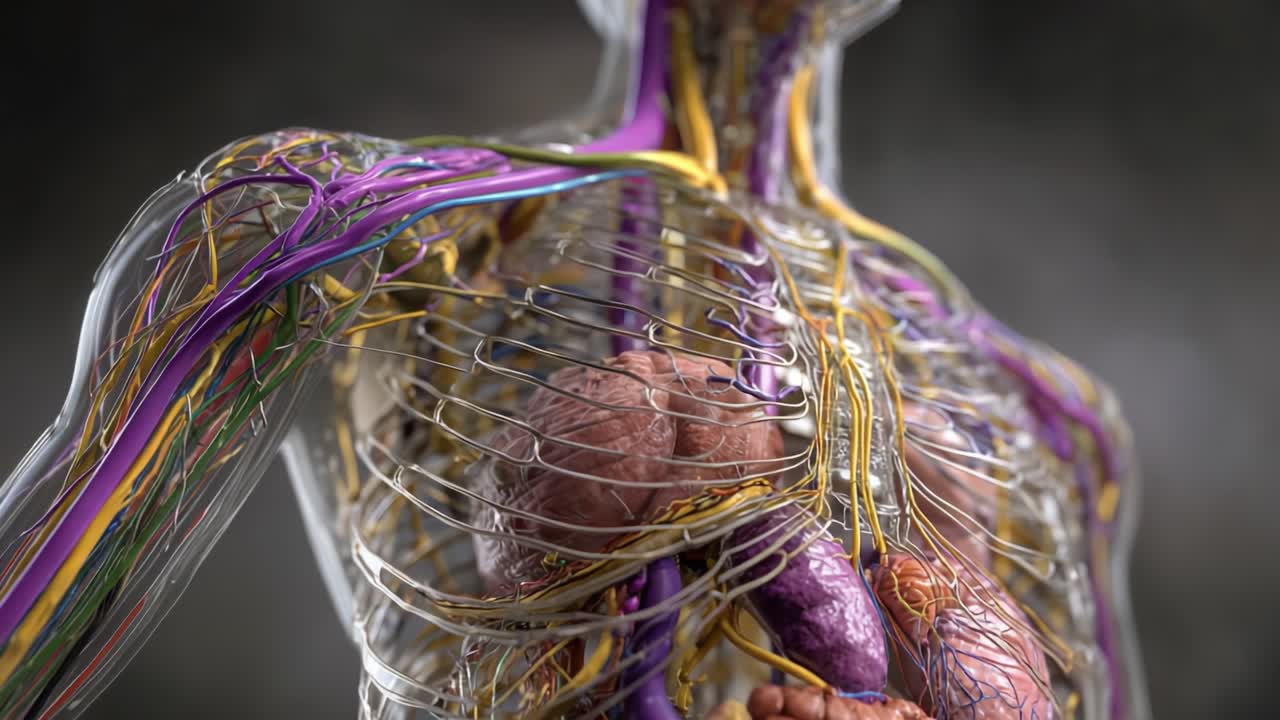 Una panoramica dettagliata delle strutture interne del corpo umano, con sistemi vascolari e organi, presentata con dettagli e chiarezza sorprendenti.