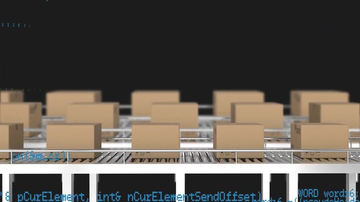 Animation af databehandling over papkasser på transportbånd