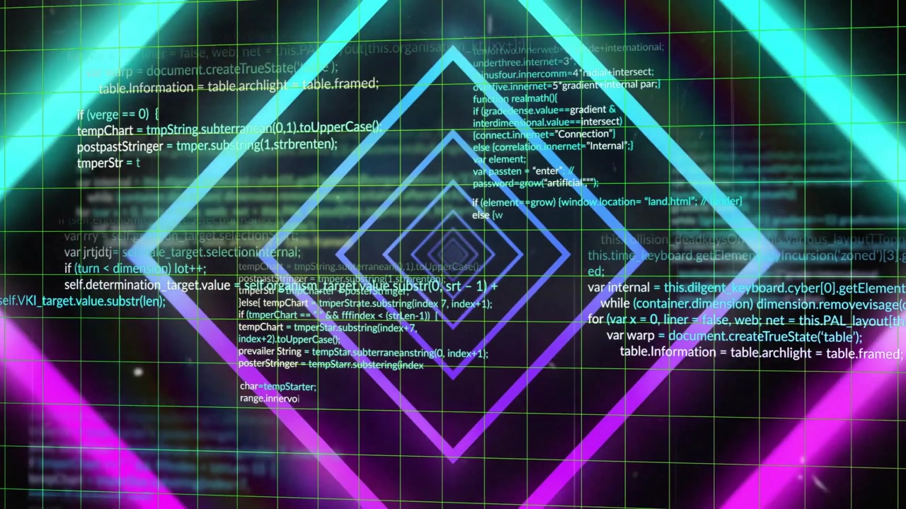 Neon diamond outlines glowing and converging on dark UI, displaying code and green grid overlay