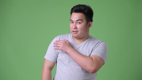 초록색 배경에 젊은 잘생긴 과체중 아시아인