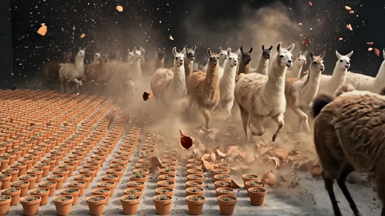 Flokk med lamaer som stormer gjennom og knuser terrakottapotter