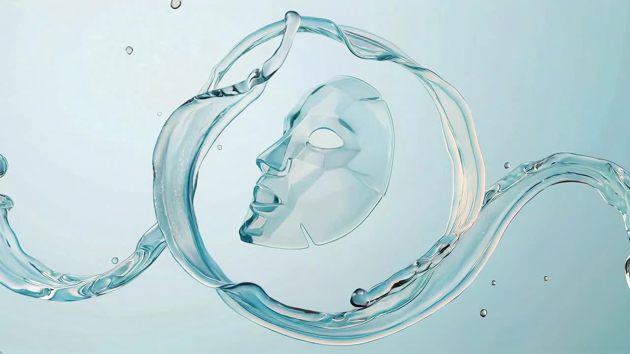 Schizzi di liquido trasparente che formano una maschera astratta a forma di volto umano sospesa in un ambiente fluido blu limpido