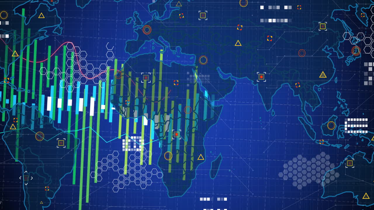 Animation of data processing over world map on blue background