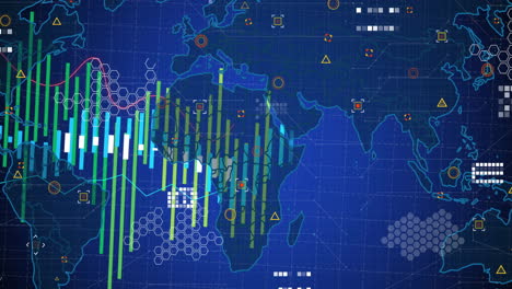 animación del procesamiento de datos sobre el mapa del mundo sobre fondo azul