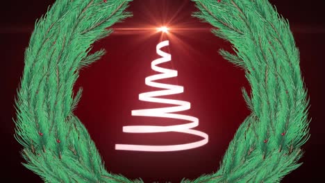 Animation-of-christmas-tree-formed-with-white-ribbon-and-fir-tree-wreath