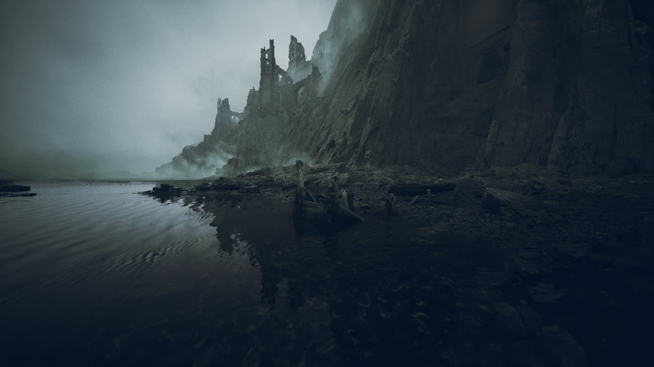 Mysterious ruins reflect in calm waters under a moody sky