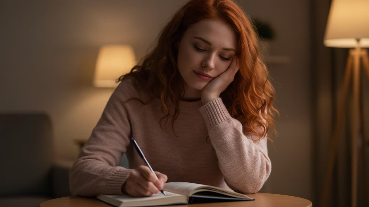 A Young Woman in Thoughtful Reflection: Capturing Moments of Creativity and Contemplation with a Notebook in a Cozy, Dimly Lit Room