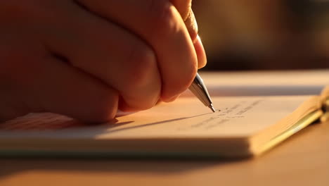 close-up of a hand writing in a notebook with a pen