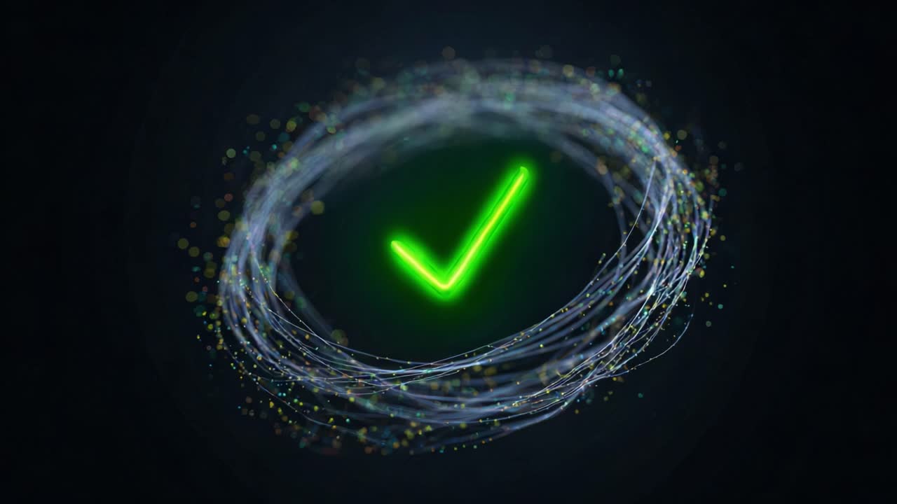 A glowing green checkmark encircled by a dynamic swirl of light particles, symbolizing positivity, success, and affirmation in a digital realm of creativity