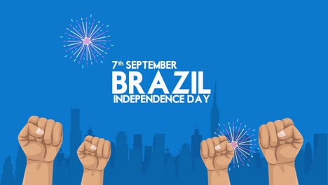 brazil independence day lettering with hands fighters and cityscape