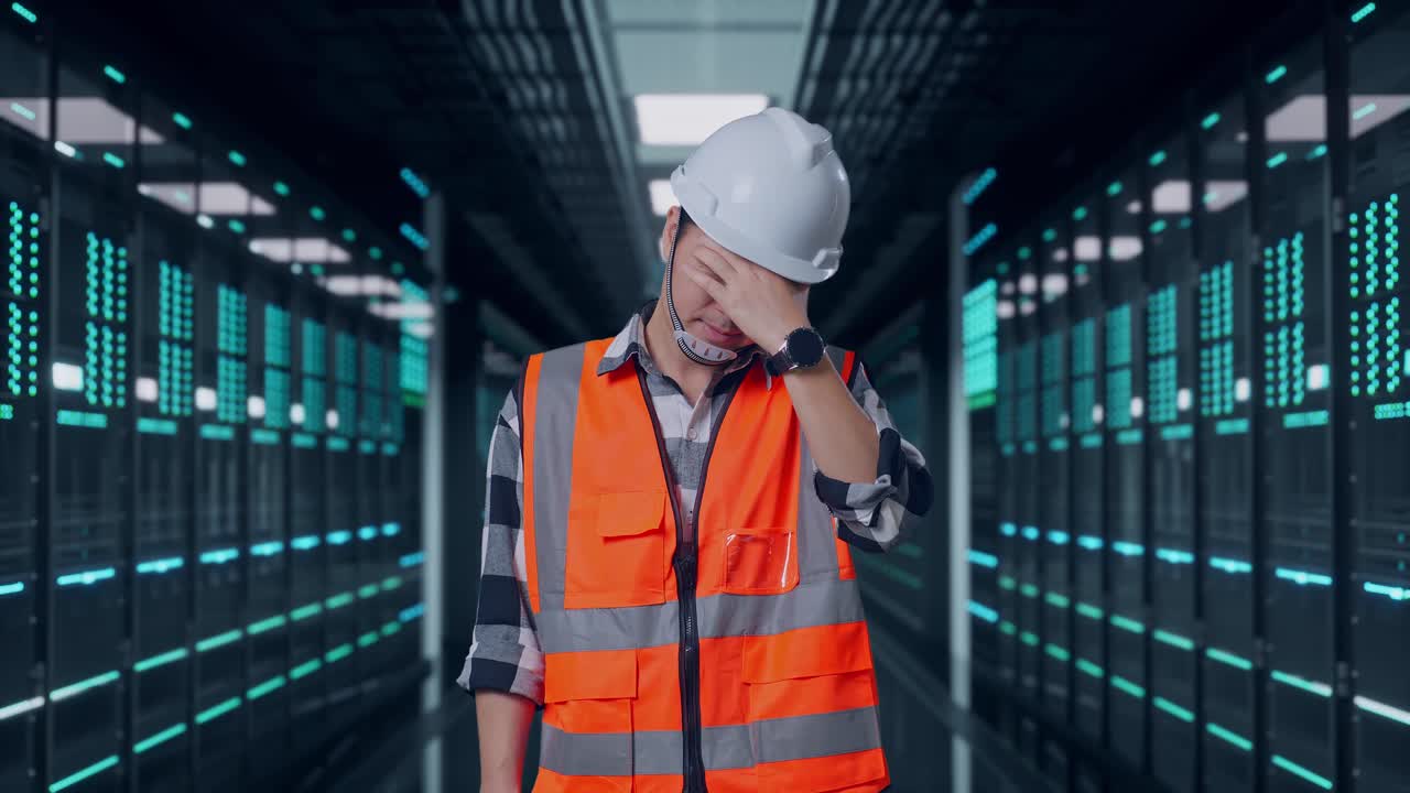 Asiatischer Ingenieur mit Schutzhelm, der bei der Arbeit im Serverraum Rechenzentrum Kopfschmerzen hat.