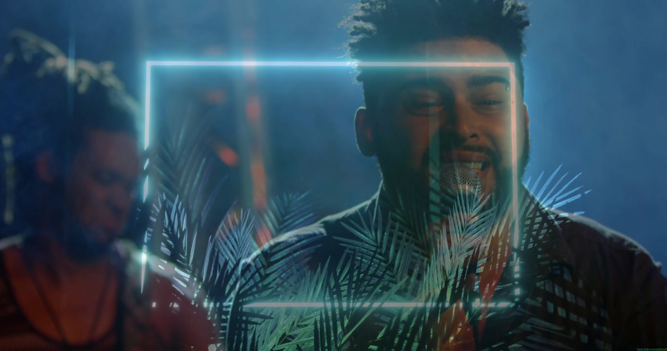 Singer singing into mic onstage, causing neon frame and palm overlay growth enhancing concert glow