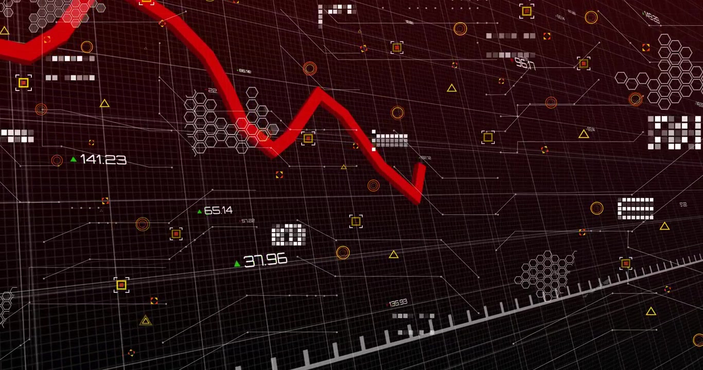 Red jagged line appearing left, drawing across grid, dipping, peaking, lighting nodes to show data
