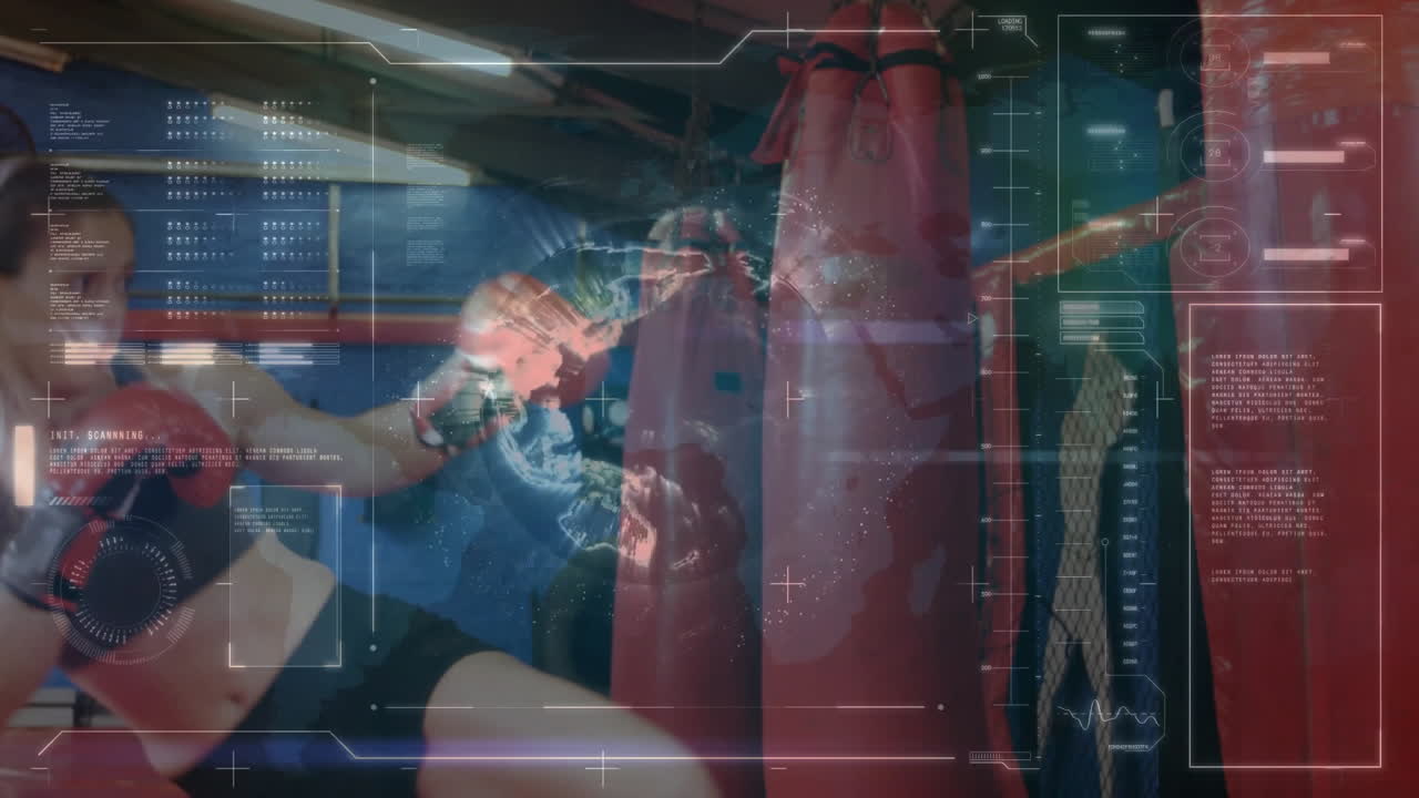 female boxer delivering kick in boxing gym, featuring digital HUD scanning data and glowing globe