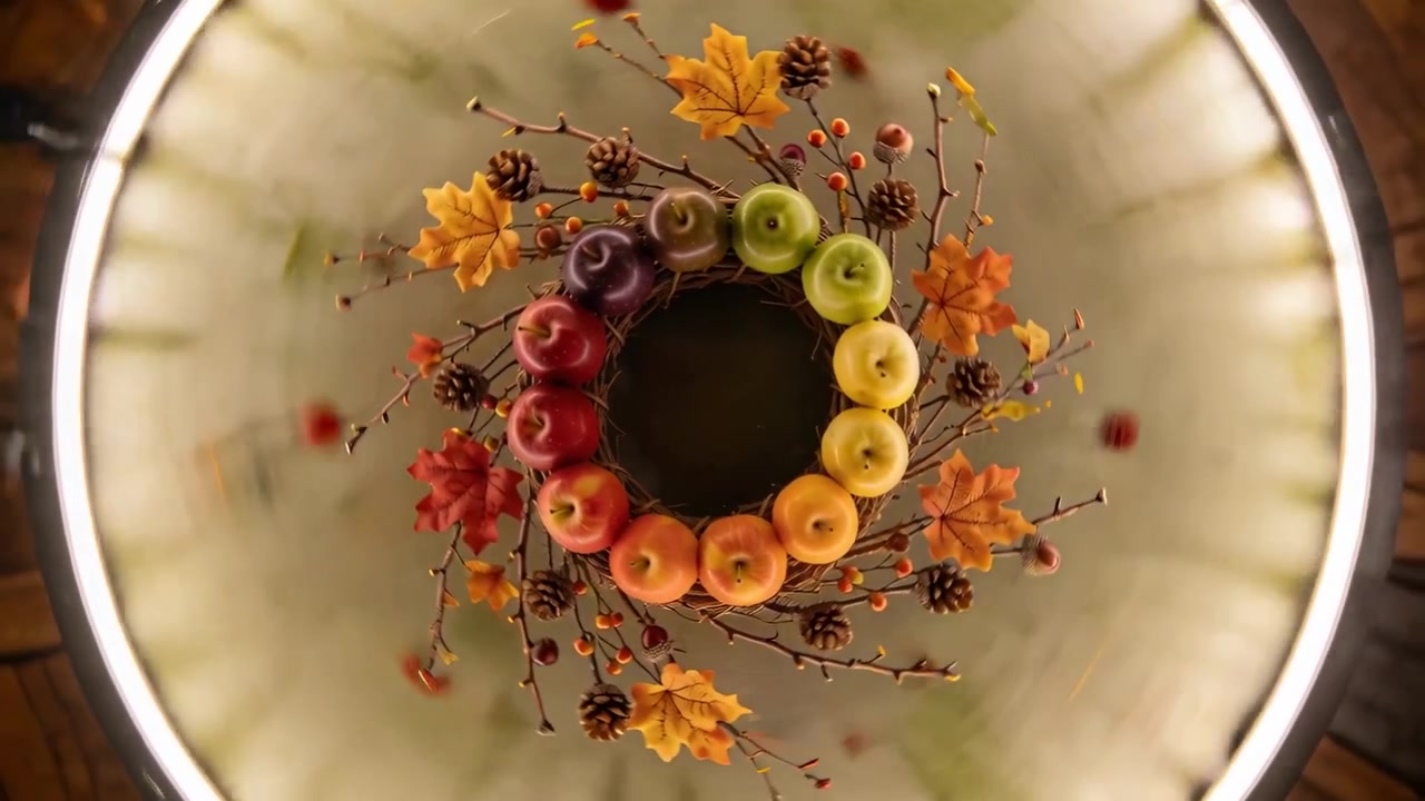 Ghirlanda decorativa di mele che ruota lentamente su un tavolo sotto un ring light, disperdendo foglie verso l'esterno.