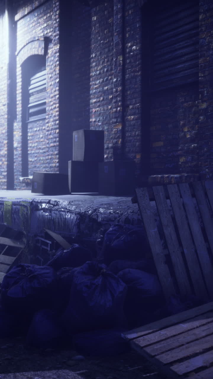 Urban alleyway with graffiti and scattered debris at night