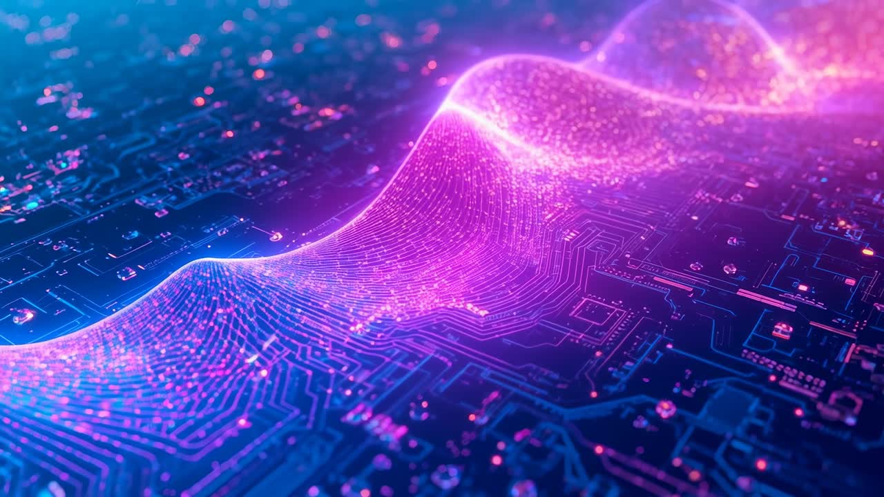 Rising from left magenta ribbon sweeping across dark PCB, tracing circuits and showing signal flow