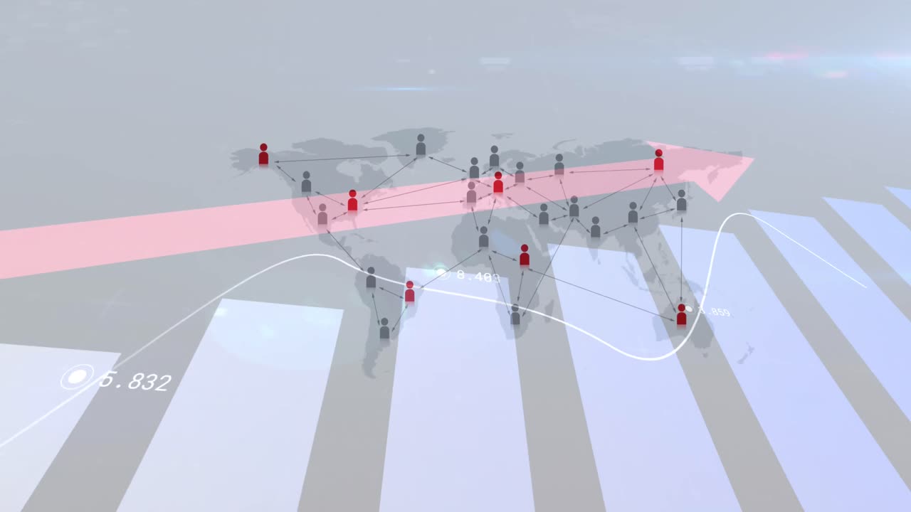 세계 지도의 위치 핀 위에  ⁇ 은 화살표로 금융 데이터 처리의 애니메이션