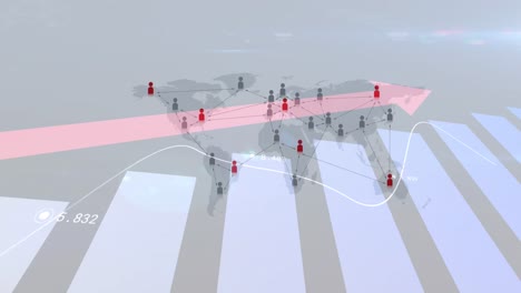 Animation-Der-Finanzdatenverarbeitung-Mit-Rotem-Pfeil-über-Standortnadeln-Auf-Der-Weltkarte