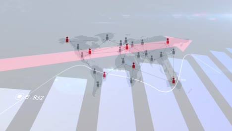 animation du traitement des données financières avec une flèche rouge sur les broches de localisation sur la carte du monde