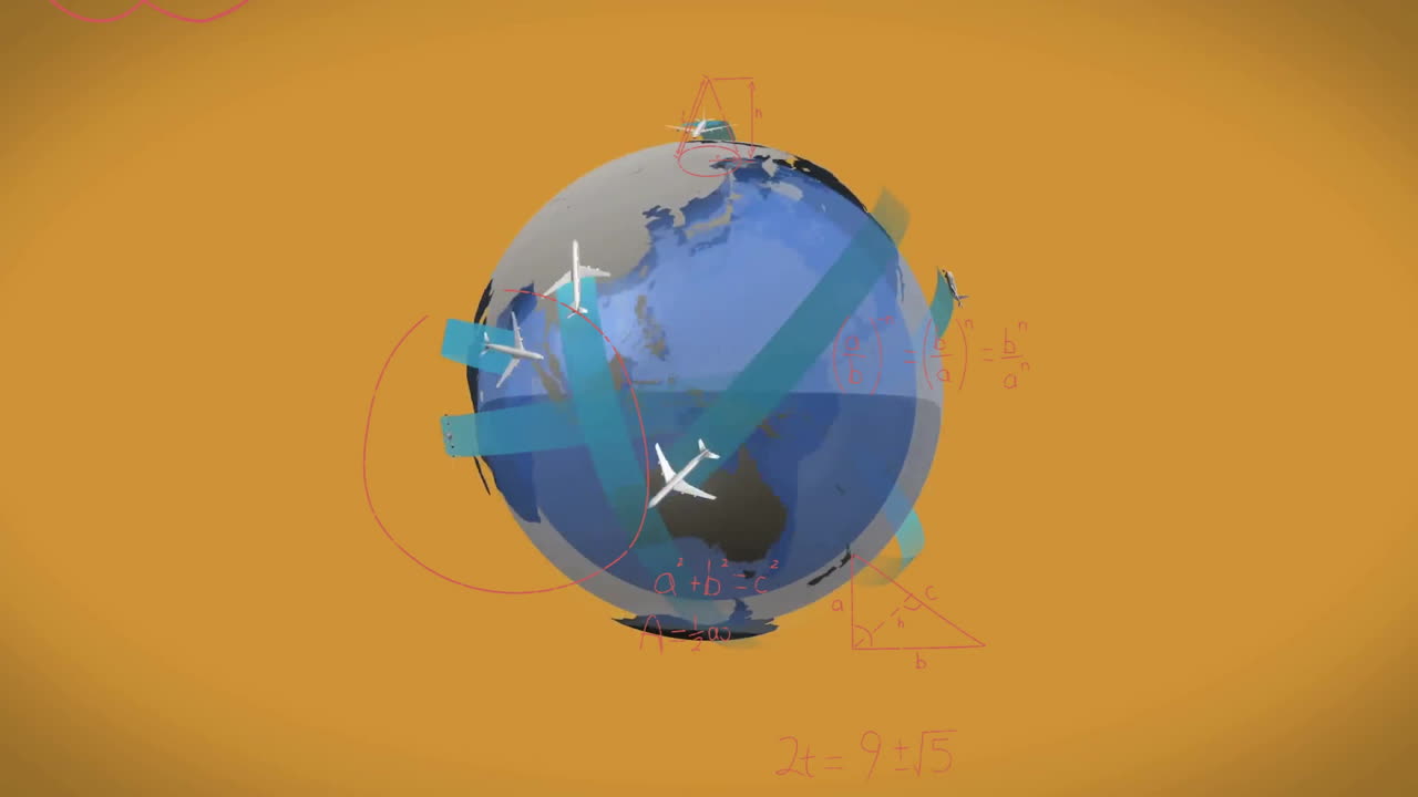 Airplanes flying around globe with mathematical equations animation on orange background