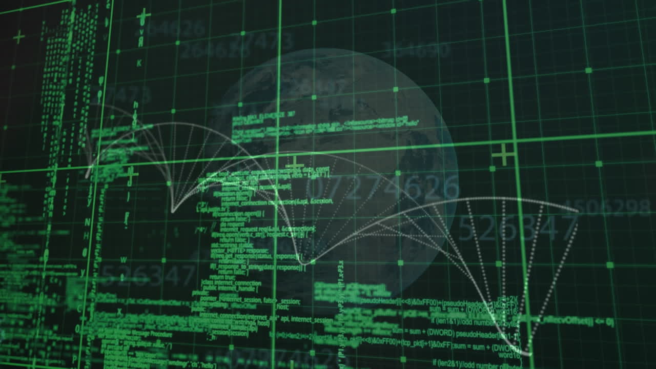 녹색 그리드에 데이터를 처리하는 동안 헬릭스를 형성하는 지구와 입자의 애니메이션