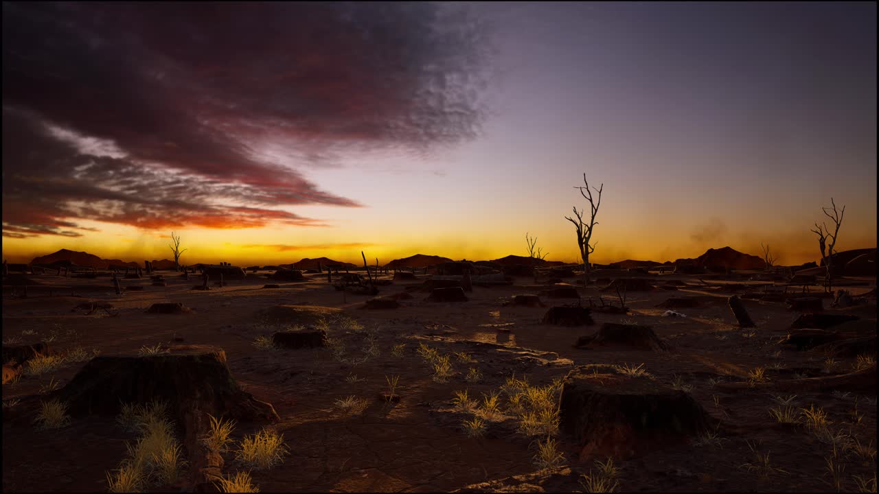 森林伐採の後に残った木の茎 夕暮れの時間