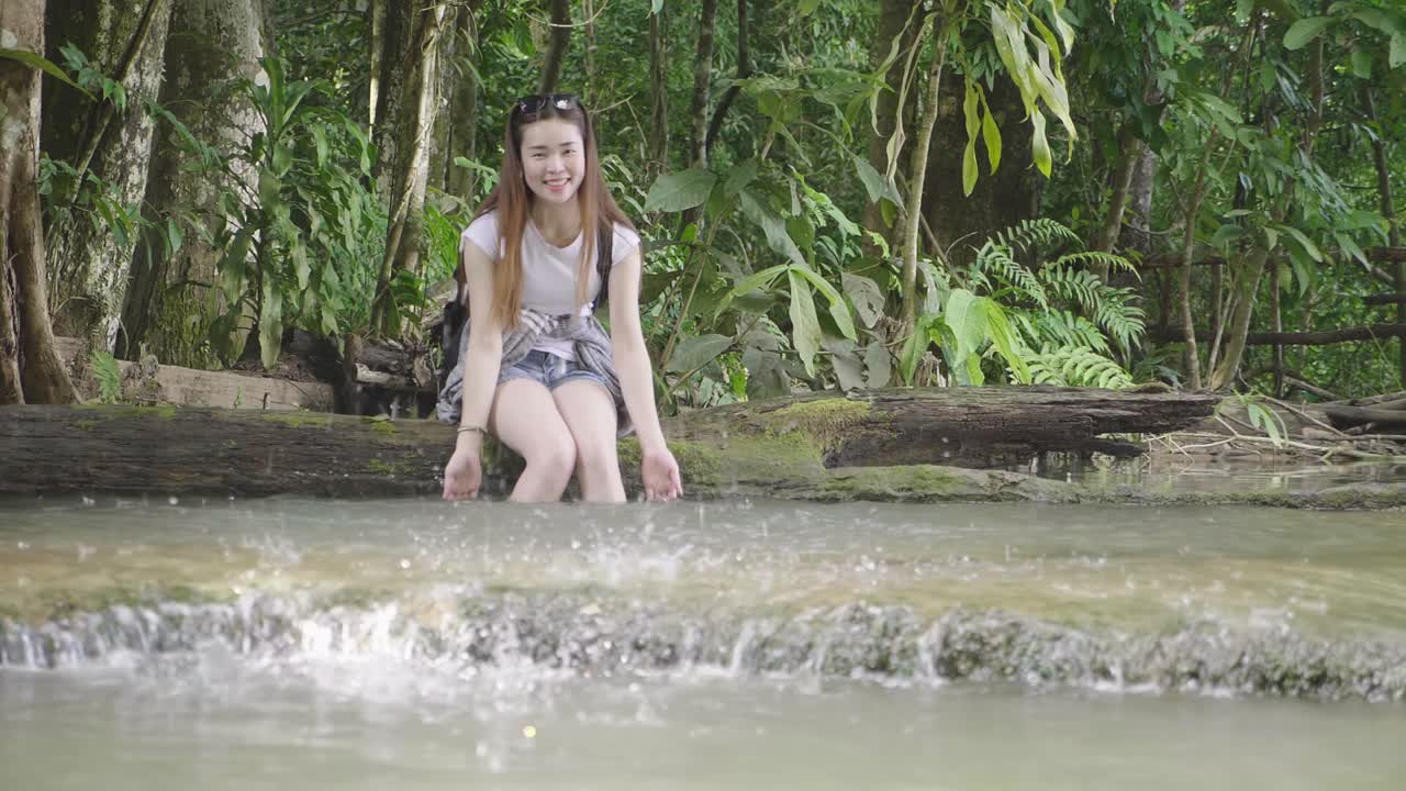 Tourist Woman Relaxing In The River, Slow Motion