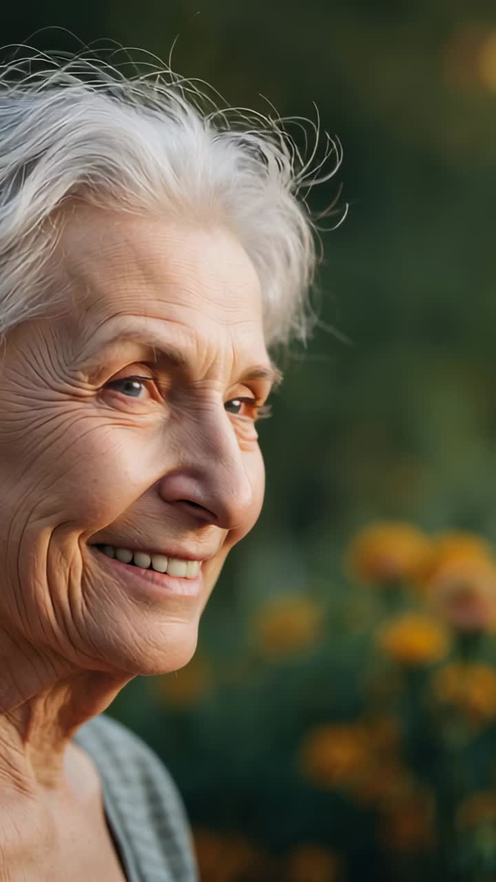 Vertical video: Smiling senior tilting, squinting into sun in garden, flowers, gray top, copy space