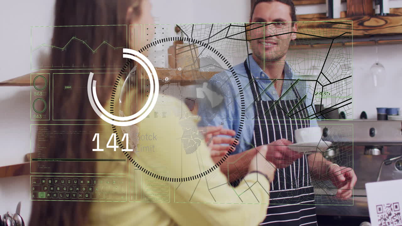 animación del procesamiento de datos financieros sobre personas de negocios en una cafetería