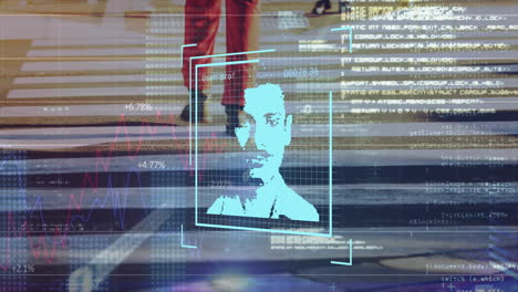 animation of profile pictures and computer language, low section of caucasian man crossing street