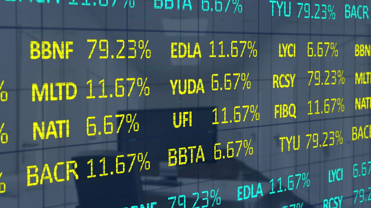 Animazione di elaborazione dati finanziari su computer su scrivania in ufficio vuoto