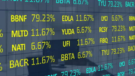 animation of financial data processing over computer on desk at empty office