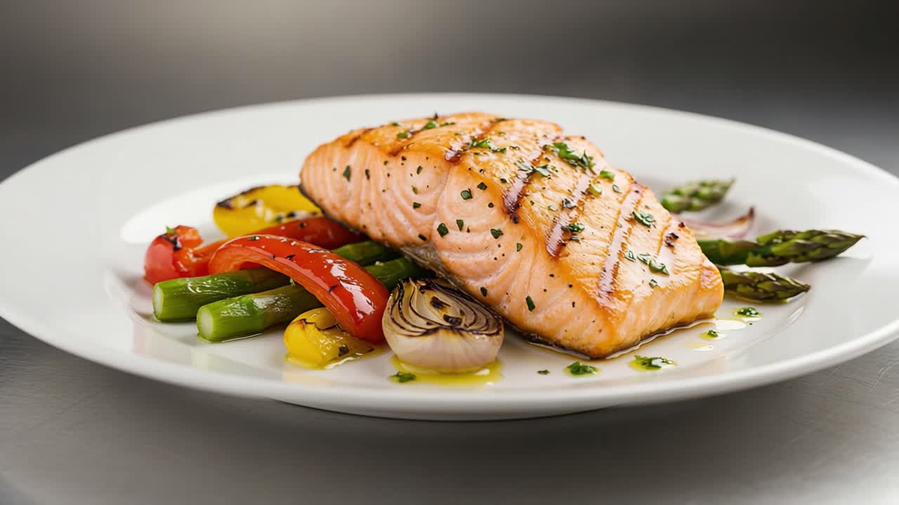Deliciously Grilled Salmon with Colorful Vegetables: A Savory Feast Showcasing a Perfectly Cooked Fillet with a Blend of Grilled Asparagus, Peppers, and Onions