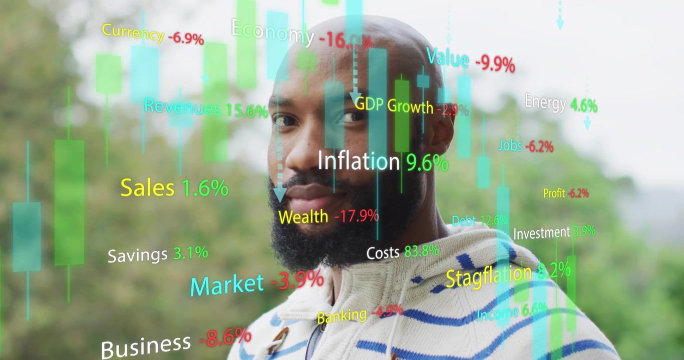 Superposition de données financières faisant tourner la tête d'un homme et suivant l'inflation croissante pour surveiller le marché.
