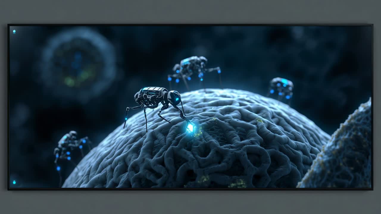 Nanorobot insettoide che rileva la superficie estendendo una sonda su un display montato, creando una zona ciano per la riparazione