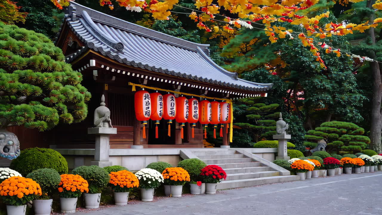 Autumnal Japanese Shrine with Lanterns and Flowers