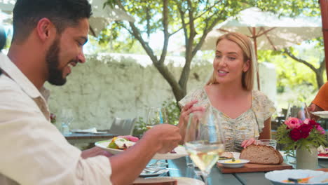 grupo de amigos disfrutando de una comida al aire libre y vino en una visita a un restaurante de viñedo