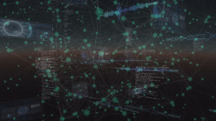 Animation of network of connections and data processing on black background