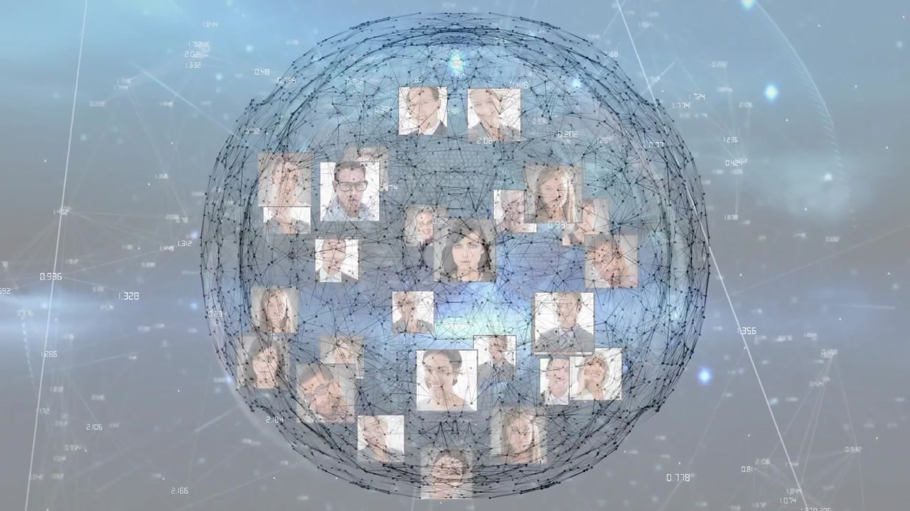 On data input, mesh sphere expanding, attaching headshots and forming arcs visualizing tech network