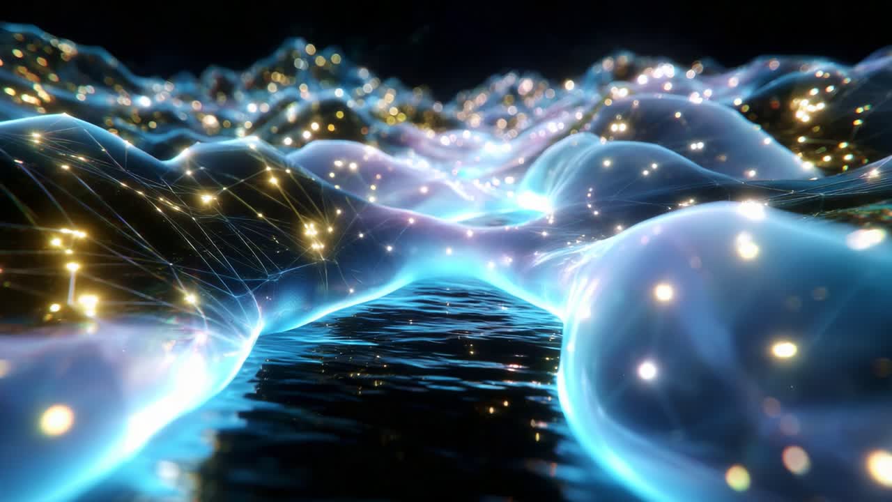 A captivating visualization of ethereal waves and shimmering currents, showcasing translucent forms illuminated by countless bright particles flowing harmoniously above a tranquil reflective surface